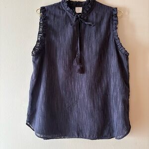 Joie Navy Ruffle Sleeveless Blouse with metallic sparkle, no size tag but fits L